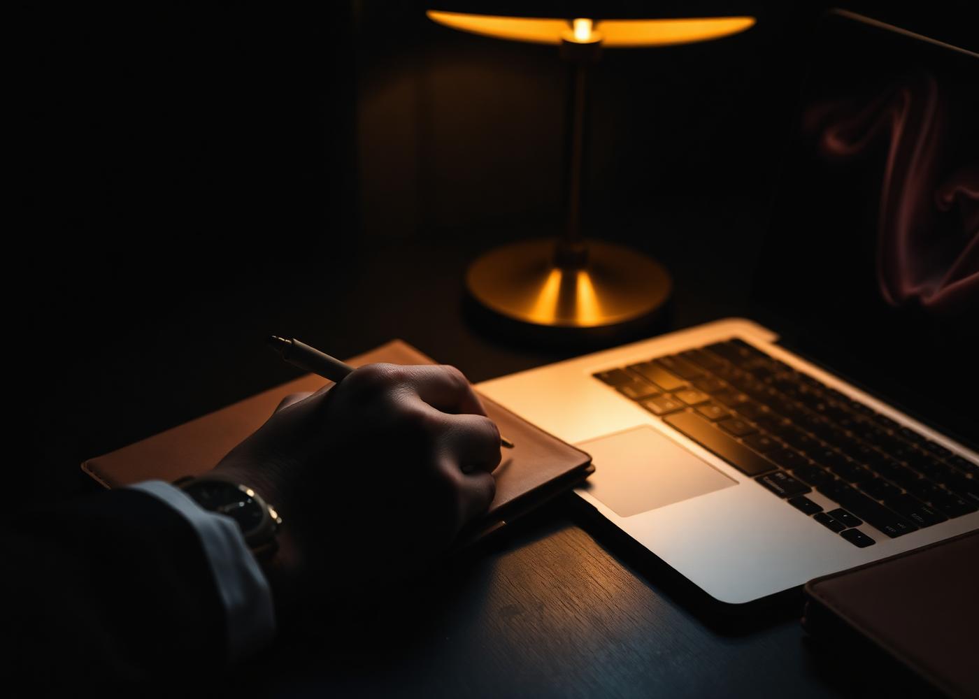 A hand writing in a notebook beside a laptop under warm desk lamp light