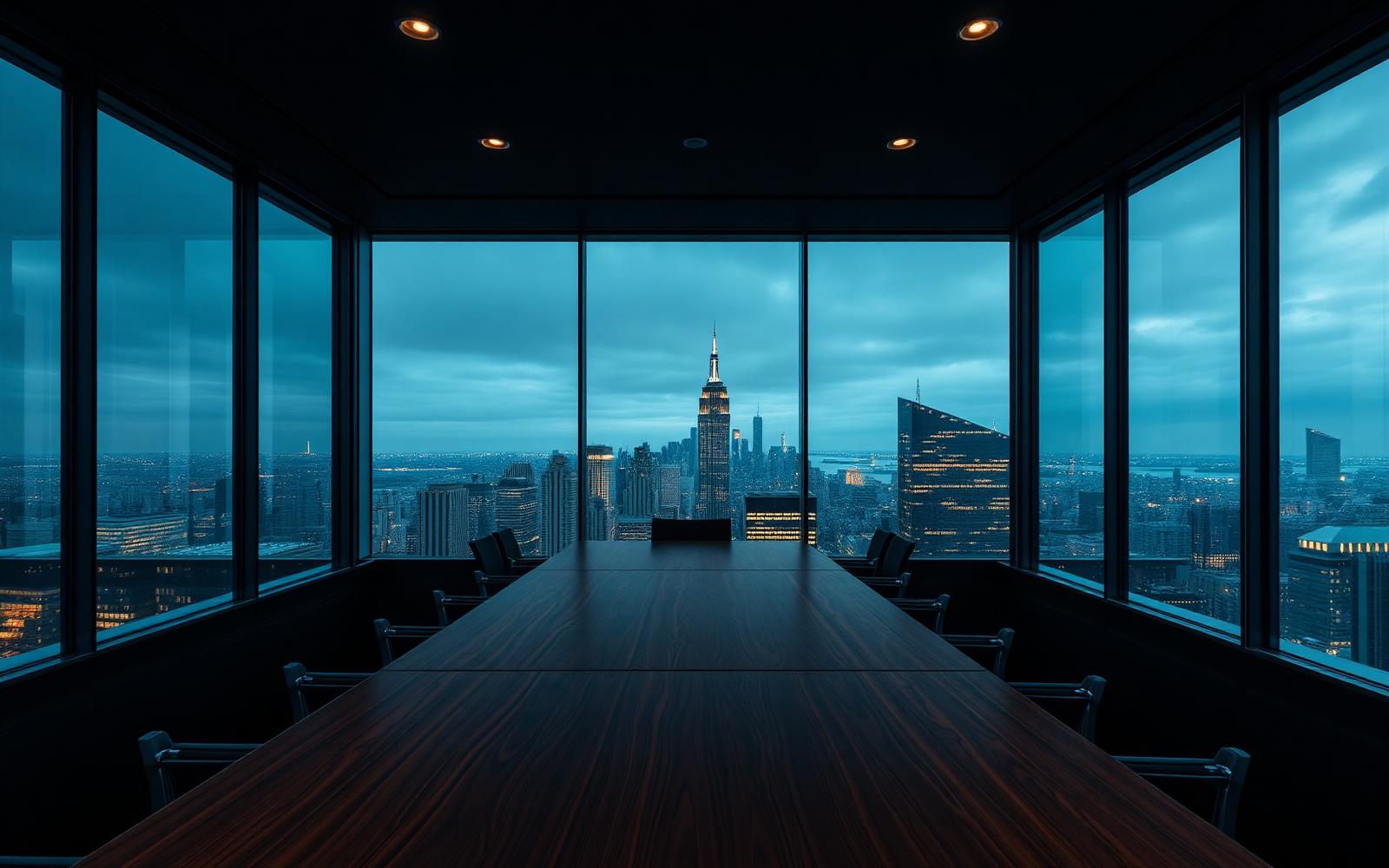 Empty executive boardroom at dusk overlooking a city skyline